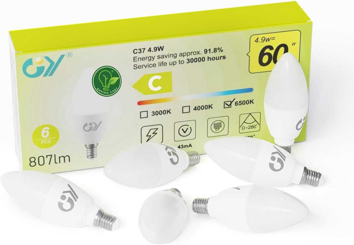 Set van 6 LED Peertjes E14 4,9W Koudwit Licht 807 Lumen Spaarlamp