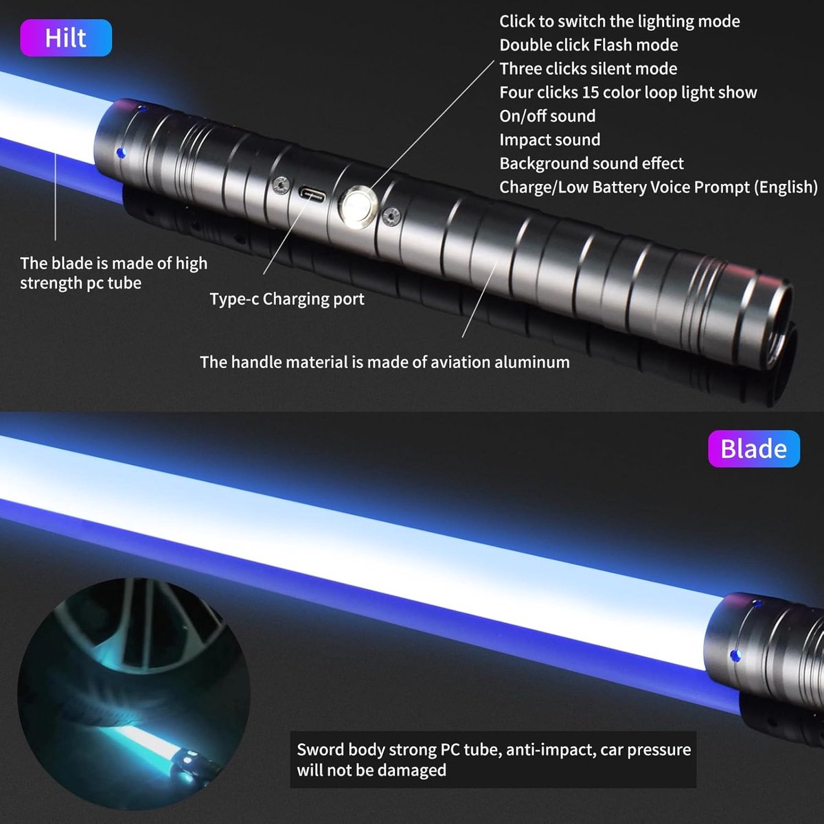 Laserzwaard voor kinderen, USB-C oplaadlichtzwaard voor kinderen, RGB