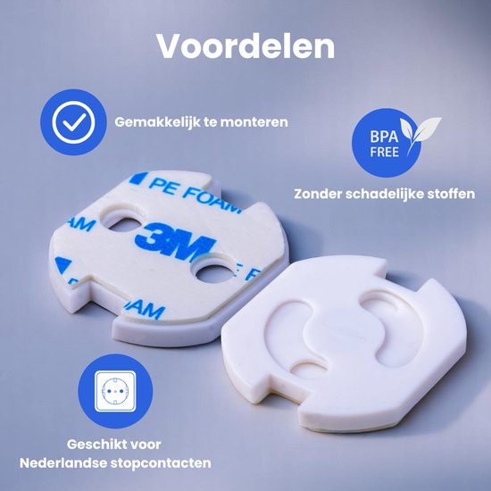 Twee witte stopcontactbeveiligers, één met plakstrip. Iconen: vinkje, BPA-vrij, stopcontact. "Voordelen: Gemakkelijk te monteren, zonder schadelijke stoffen."