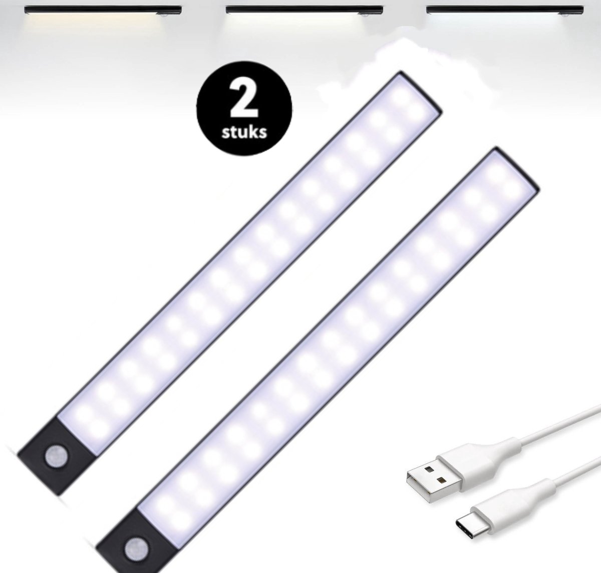 LED Kastverlichting met Bewegingssensor, USB-C Oplaadbare Led-Strip, 3 Kleurtemperaturen, Dimbaar, Draadloos, Magnetische Verlichting voor Kasten, Gangen, Slaapkamers,3.5 x 30cm, 2 stuks,Zwart
