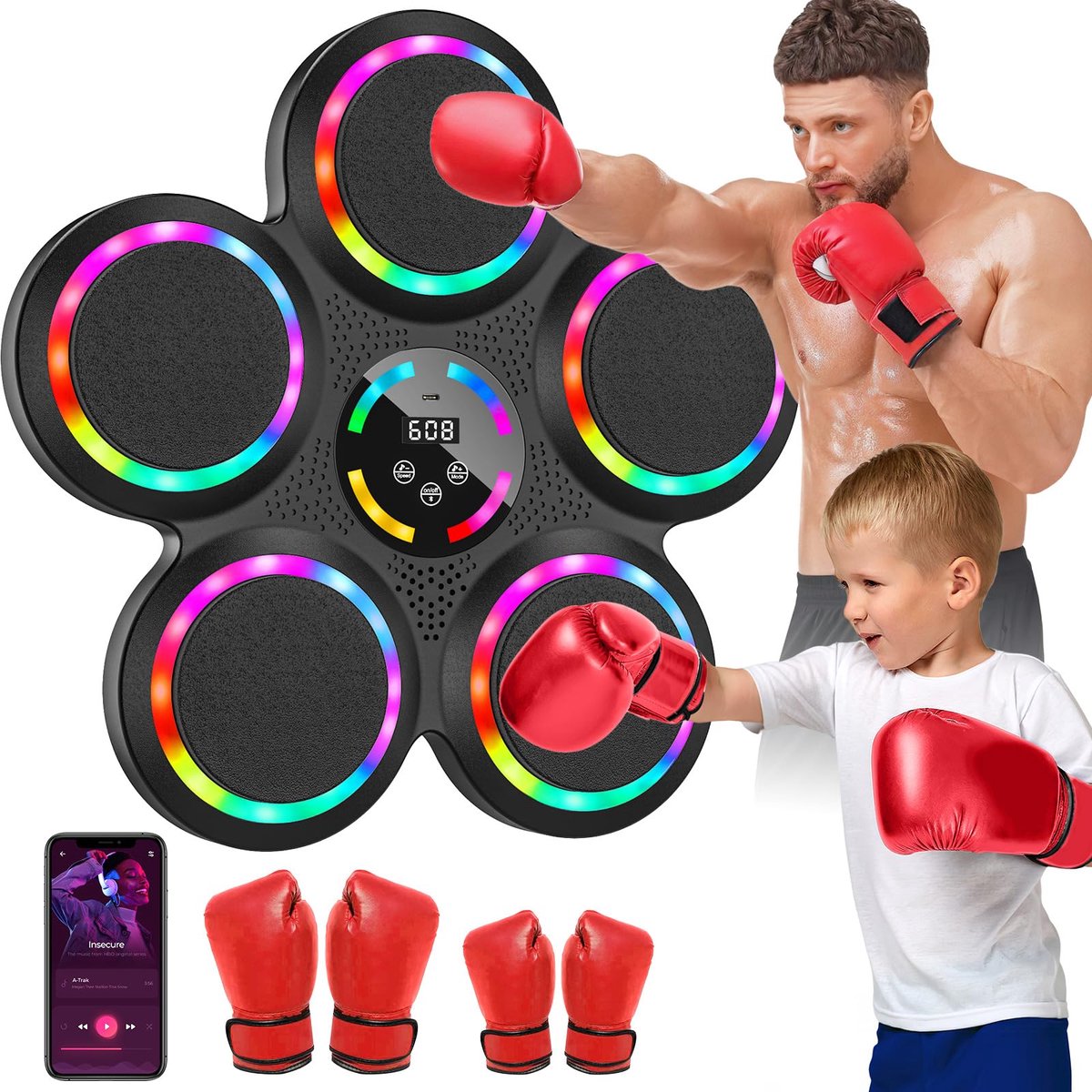 Boxing Machine - Boksmachine - Muzikale Boxmachine - 2025 Nieuwe LED Muurmontage met Boxhandschoenen, Bluetooth, 9 Snelheids- en Trainingsmodi, Teller, Geschikt voor Kinderen en Volwassenen