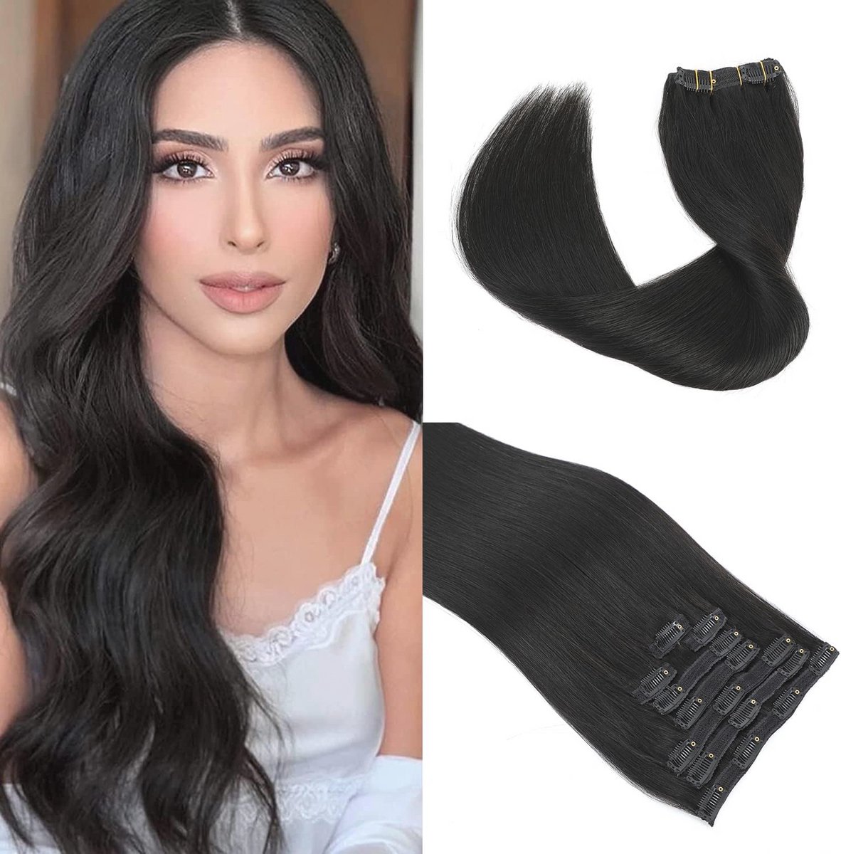 16 Inch Clip in Hair Extensions - 100g Zijdeachtig Steil Menselijk Haar