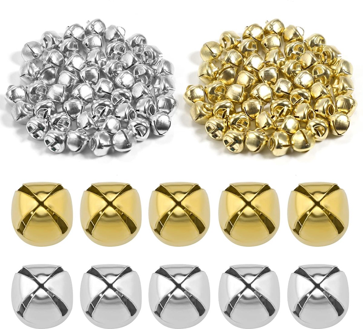 100 stuks Kerst Jingle Bells. Kleine Metalen Craft Bells voor DIY Festival Thuis Kerst Decoratie (50st Zilver en 50st Goud. 0.5 inch)