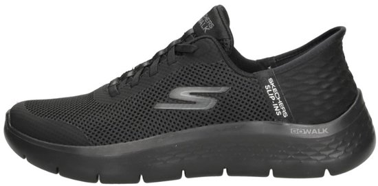 Zwarte Skechers Go Walk Flex slip-ins sneaker, zijaanzicht. De schoen heeft een mesh bovenwerk, veters en het Skechers 'S' logo.