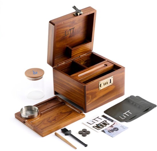 LITT - Premium houten combinatieslot opbergbox set met glazen pot, verborgen lade en opbergdoos (zwart