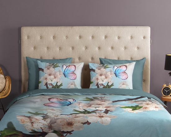 Good Morning dekbedovertrek bloemen en vlinders - 1 persoons 140x200/220 cm - Aqua - 100% Katoen renforce van Merkloos — afbeelding 2