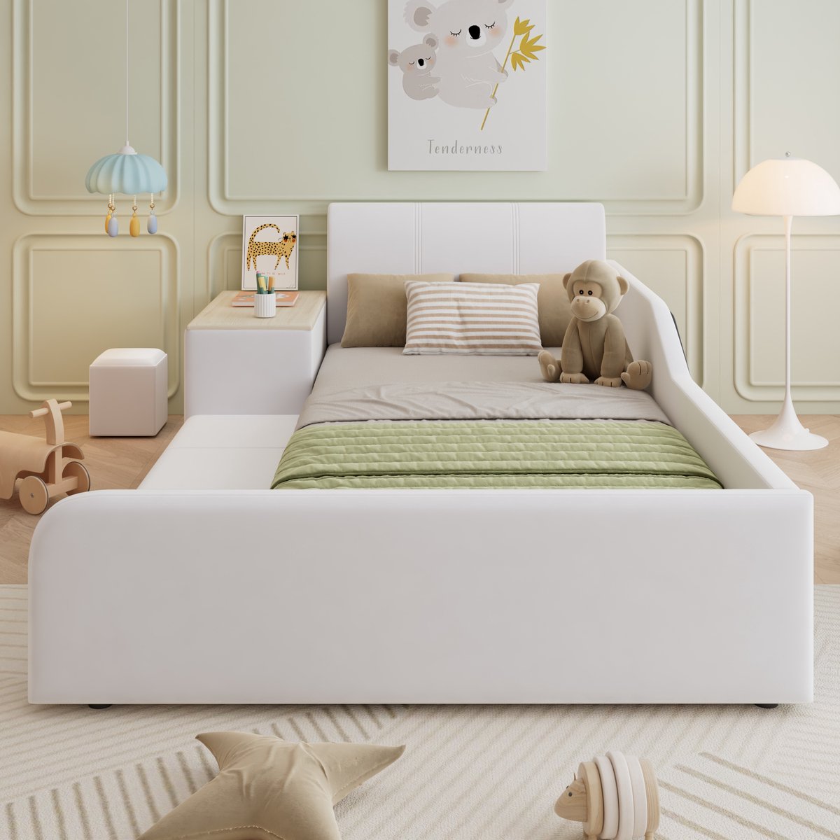 Merax Gestoffeerd bed 90x200 cm - eenpersoonsbed met kinderbureau en kruk - met opbergplank - kinderbed - wit - zonder matras