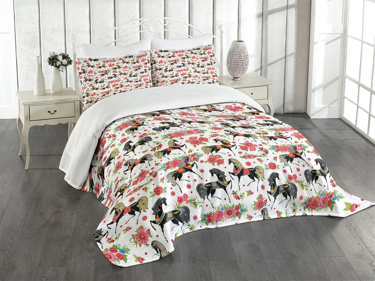 ABAKUHAUS Paarden Sprei Set – Abstracte Bloemen Hengstpatroon – 220x220 cm – Wit/Zwart/Roze, gequilt, 3-delig