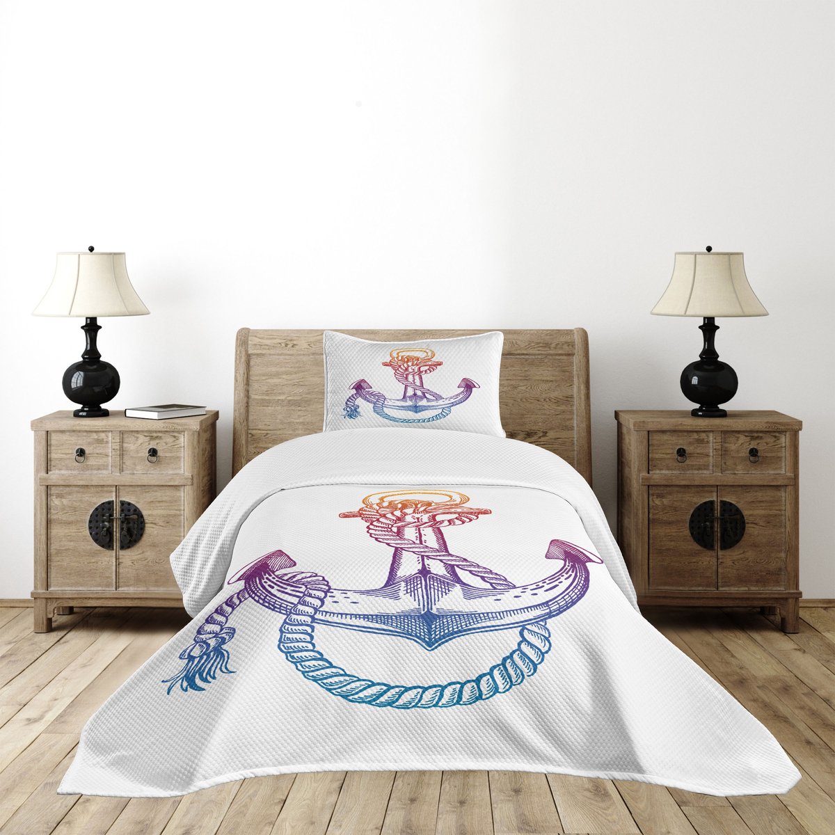 ABAKUHAUS Vintage Nautisch – Sprei‑Set 170x220 cm, Kussenhoes 75x50 cm, Ombre Rope