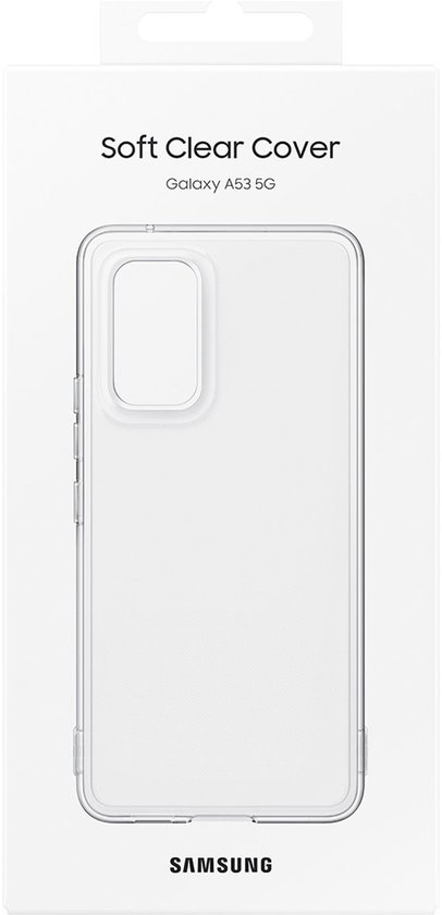 Verpakking van een zacht, transparant telefoonhoesje voor de Galaxy A53 5G.