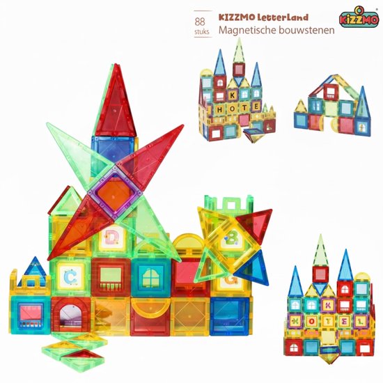Magnetic Tiles - 88 delige Bouwset - Magna Tiles - Educatief Speelgoed - Creatief Magnetisch Speelgoed - Montessori Speelgoed - Magnetische Bouwblokken - Speelgoed Kinderen - Kizzmo ® LetterLand