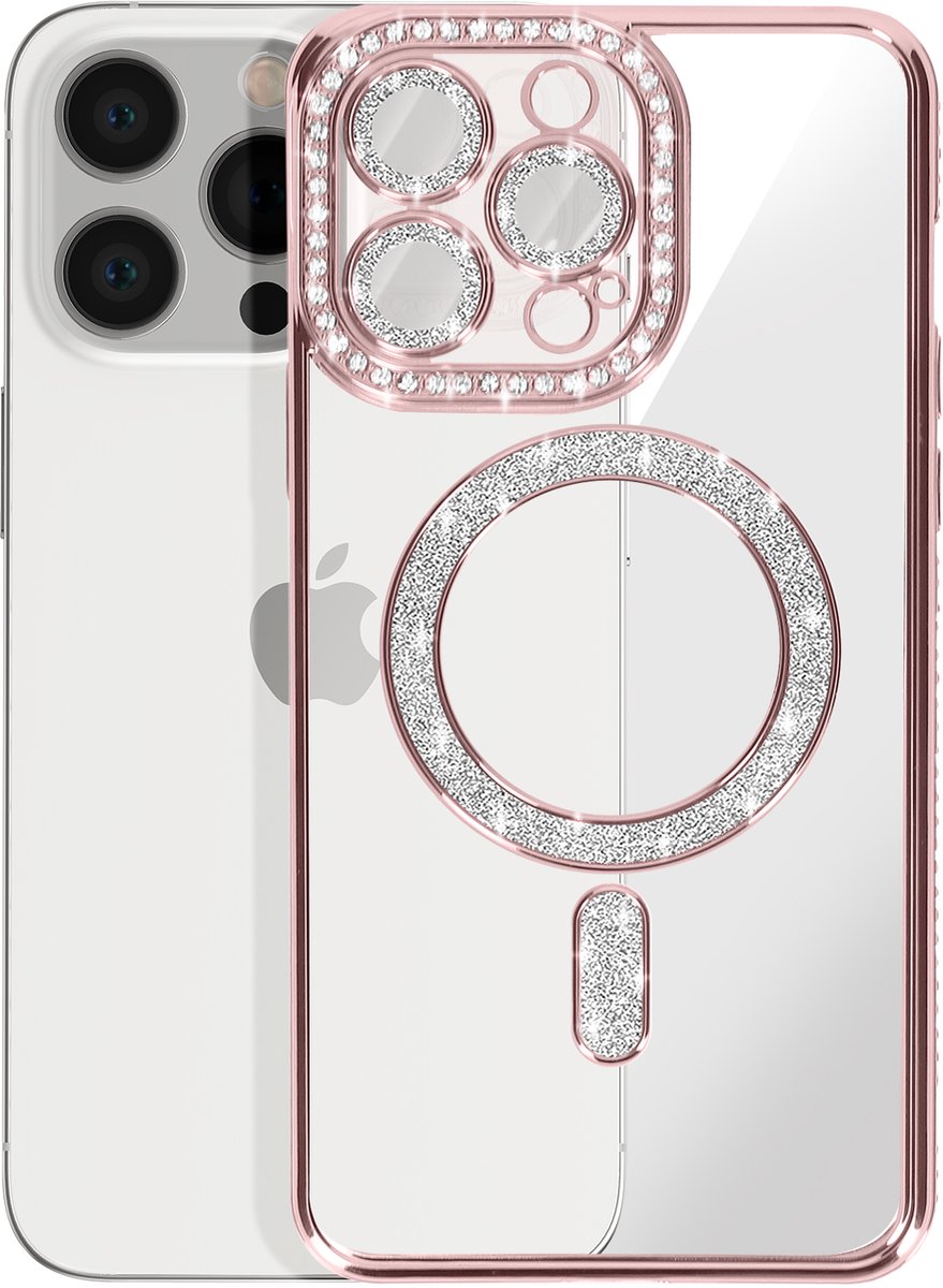 Avizar Diamond hoesje Geschikt voor Apple iPhone 13 Pro MagSafe Omtrek Strass, Roze