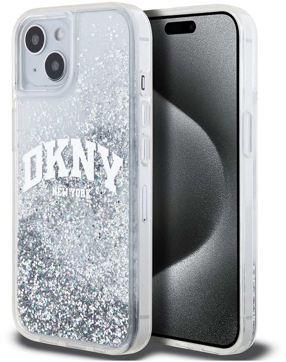 DKNY Liquid Glitter Arch Logo Back Case - Geschikt voor Apple iPhone 15 (6.1") - Wit/Zilver