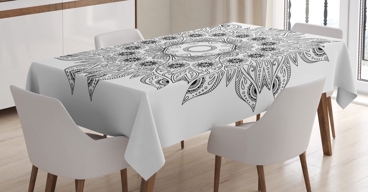 ABAKUHAUS Mandala tafelkleed – zwart-wit, 140x240 cm, wasbaar
