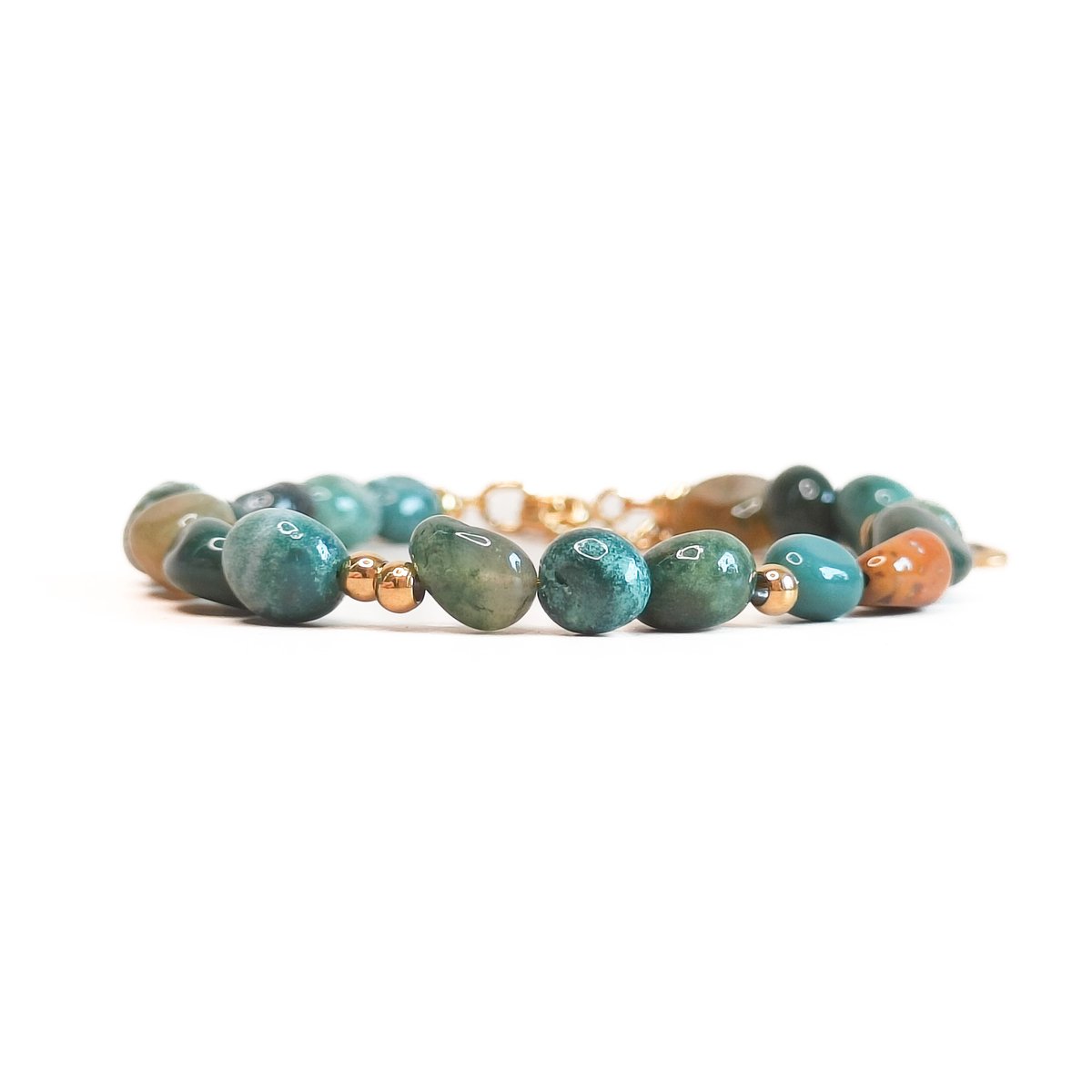 Ava & Imber | Pebble Armband Mos Agaat | Groene Kralenarmband met Organische Kralen 5-7 mm | 16cm + 5cm Verlengstukje | Geleverd in Cadeaudoosje