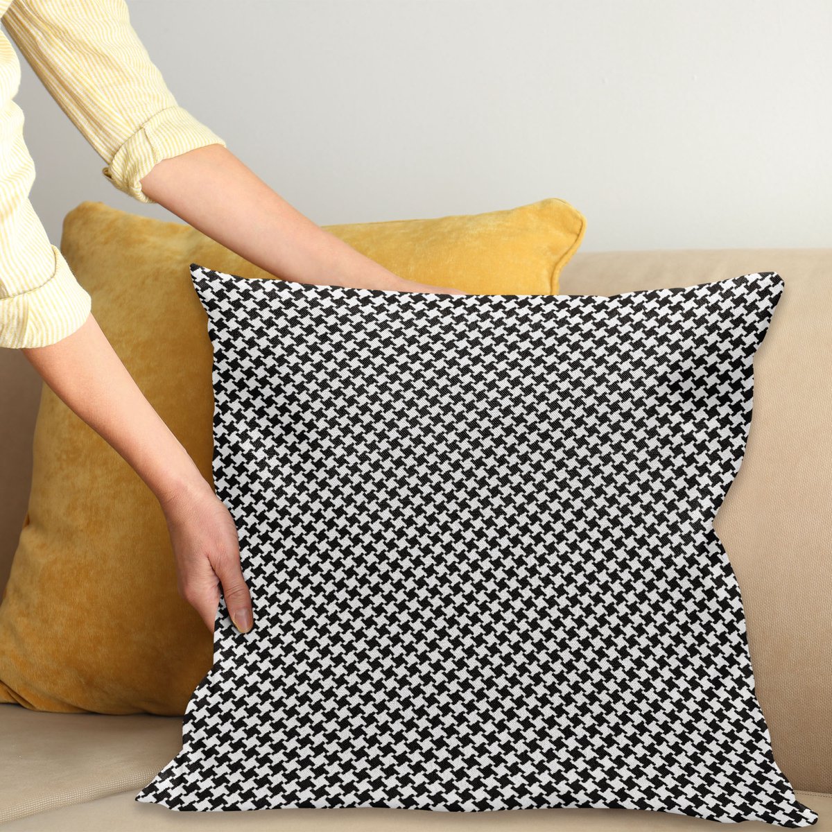 ABAKUHAUS Kussenhoes – Hondentandpatroon, aan beide zijden bedrukt – 50×50 cm, charcoal-grijs en wit Antracietgrijs en wit