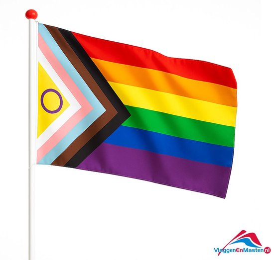 Drapeau Progress Intersexe | LGBTQIA+ | drapeau de façade drapeau arc-en-ciel Pride | dim. 70x100 cm, polyester, convient pour mât de drapeau | VlaggenEnMasten.nl