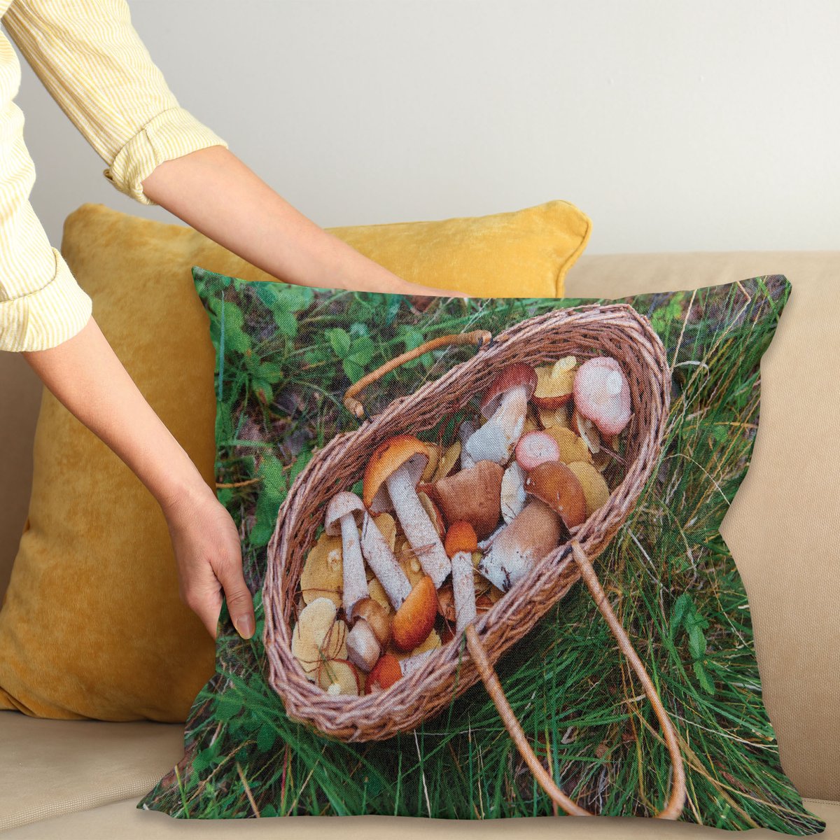 ABAKUHAUS Paddenstoelen-kussenhoes – Decoratief, 50x50 cm, Multicolor Meerkleurig