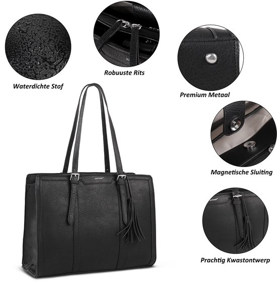 Zwarte dames laptoptas met waterdichte stof, robuuste rits, premium metaal en magnetische sluiting.