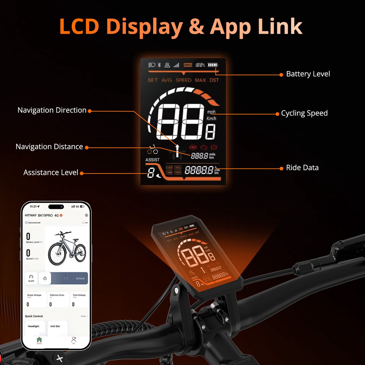 Hitway Elektrische Fiets BK19 Pro - Trendy 28 Inch City Commuter EBike met Afneembare 36V 10.4Ah Lithium Batterij - Mountain E-Bike met 250W Motor - APP Bediening - IP54 Waterdicht thumbnail 5