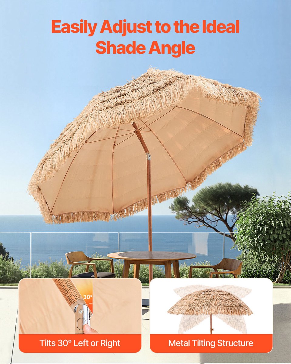 VEVOR Tiki-Parasol, 2,4 M Rieten Terrasparasol met Kantelfunctie, Hawaiiaanse Strandparasol met Duurzaam Pp-Riet En 8 Metalen Baleinen, Grasparasols voor Strand, Terras, Zwembad, Achtertuin En Tuin – foto 7
