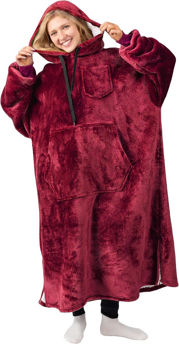 Oversized Wearable Deken Hoodie Met Gigantische Zakken - Super Zacht en Gezellig, Perfect Cadeau Voor Volwassenen - Lang Wijnrood