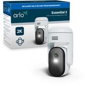 Arlo Essential 3 2K Pan-Tilt-Zoom beveiligingscamera verpakking en camera.