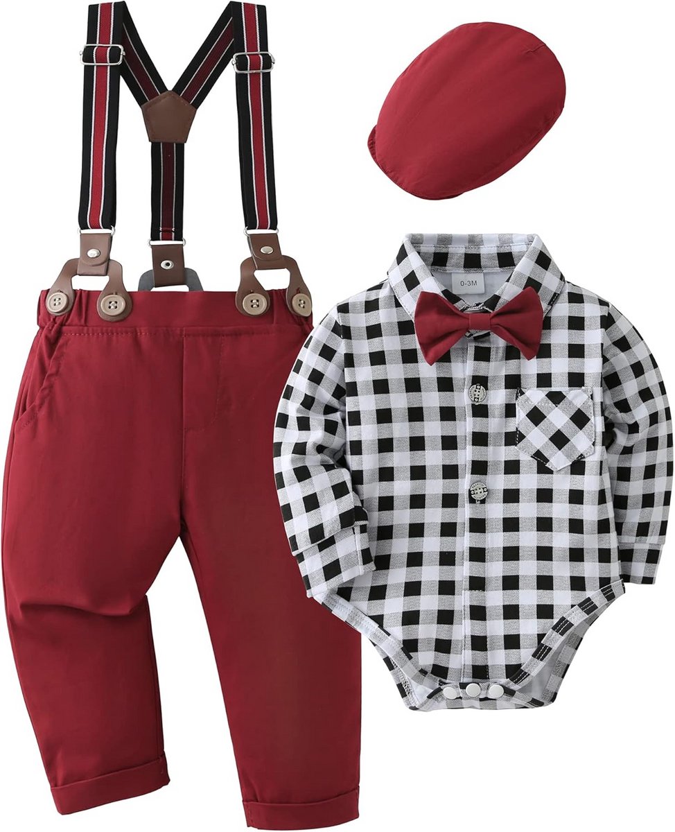 Fleurige Baby Jongen Kleding Set met Romper Shirt, Bretels en Vlinderdas voor Feest en Ceremonie