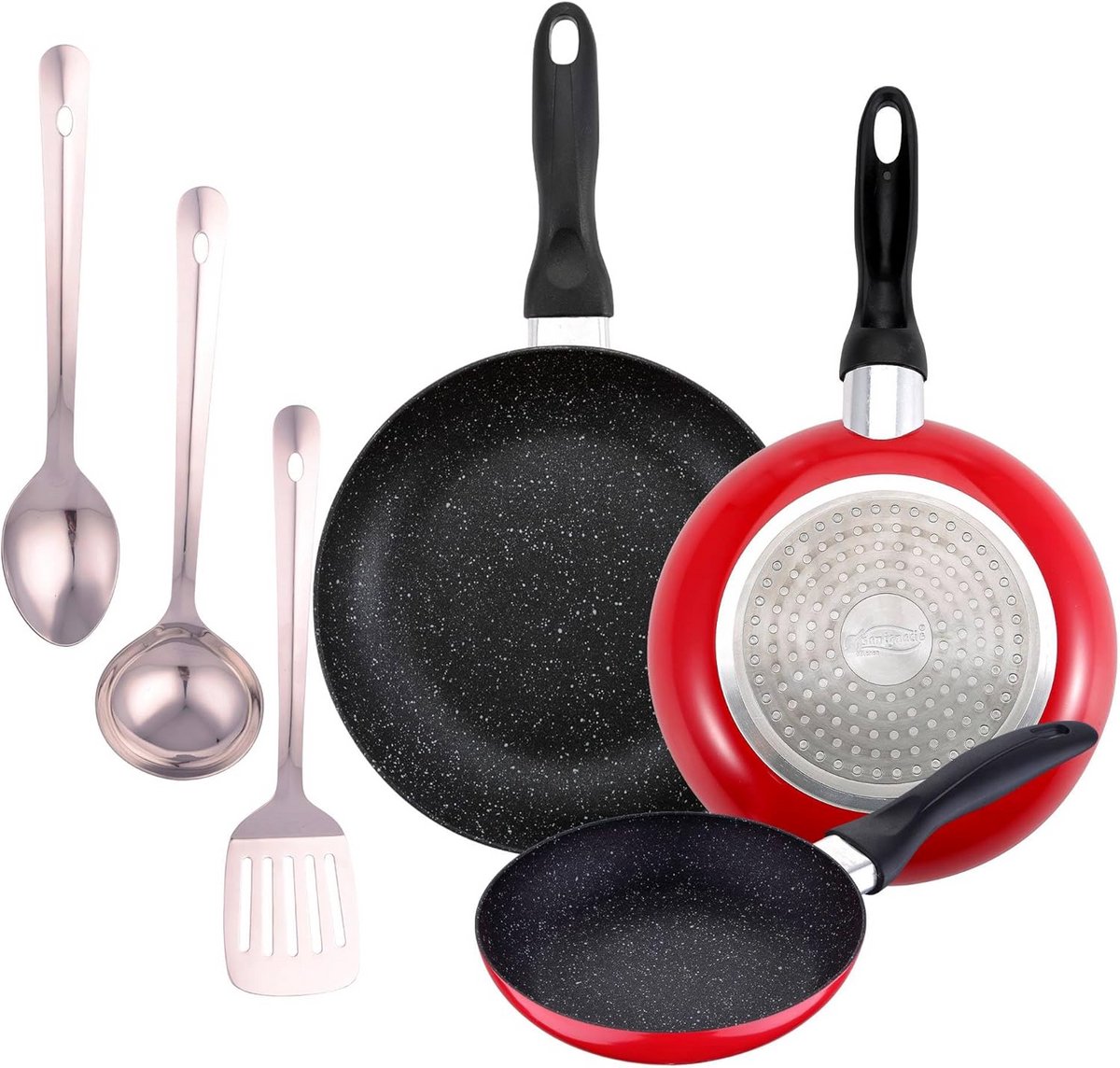 Set van 3 Kookpannen met 3 Keukengerei in Rood en Zwart
