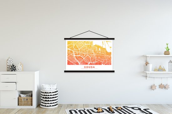Porte-affiche avec affiche - Affiche scolaire - Plan de la ville - Gouda - Nederland - Jaune - 120x80 cm - Lattes noires