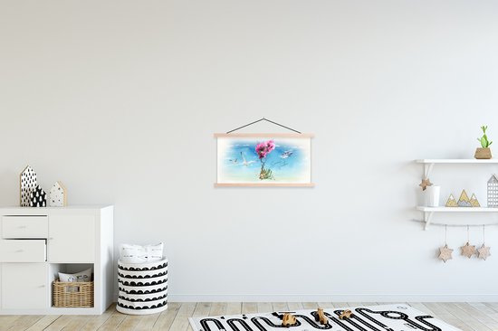 Posterhanger incl. Poster 60x30 cm - Schoolplaat - Bloemen - Boot - Vogel - Zee - Textielposter - Blanke latten