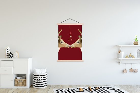 Deux rennes sous le gui sur fond rouge affiche scolaire lattes plates vierges 120x180 cm - Tirage photo sur poster textielposter (décoration murale salon / chambre) XXL / Groot format!