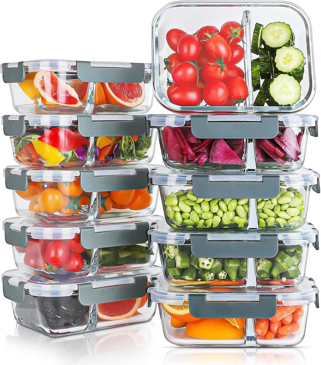 10x Glazen Maaltijdbereidingscontainers met 2 Compartimenten - Luchtdicht & Stapelbaar voor Oven, Magnetron en Vriezer