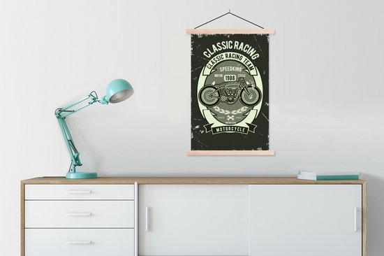 Posterhanger incl. Poster 60x90 cm - Schoolplaat - Motorfiets - Vintage - Illustratie - Quote - Textielposter - Blanke latten - Vaderdag cadeau - Geschenk - Cadeautje voor hem - Tip - Mannen