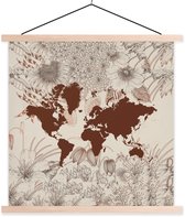 Affiche scolaire - Wereldkaart - Fleurs - Rouge - 60x60 cm - Lattes vierges