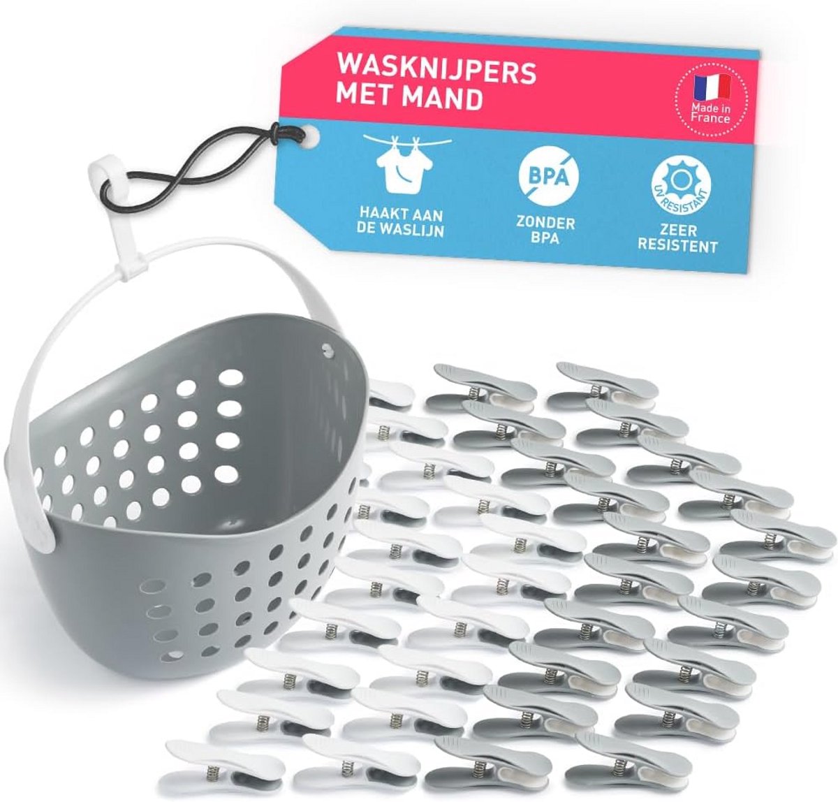 Zachte wasknijpers met mand - 40 stuks in grijs-wit combinatie
