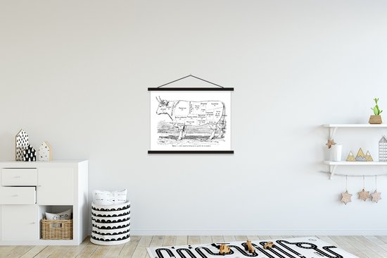 Un diagramme de découpe de bœuf sur une affiche scolaire, suspendu à un support noir sur un mur blanc, dans une chambre d'enfant avec des meubles de rangement et des jouets.