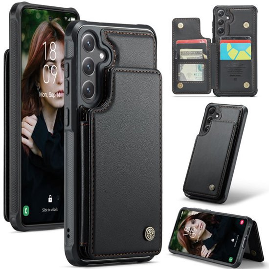 Étui de téléphone noir en cuir PU avec porte-cartes, fermeture magnétique, coutures marron. Le téléphone affiche un écran de verrouillage.