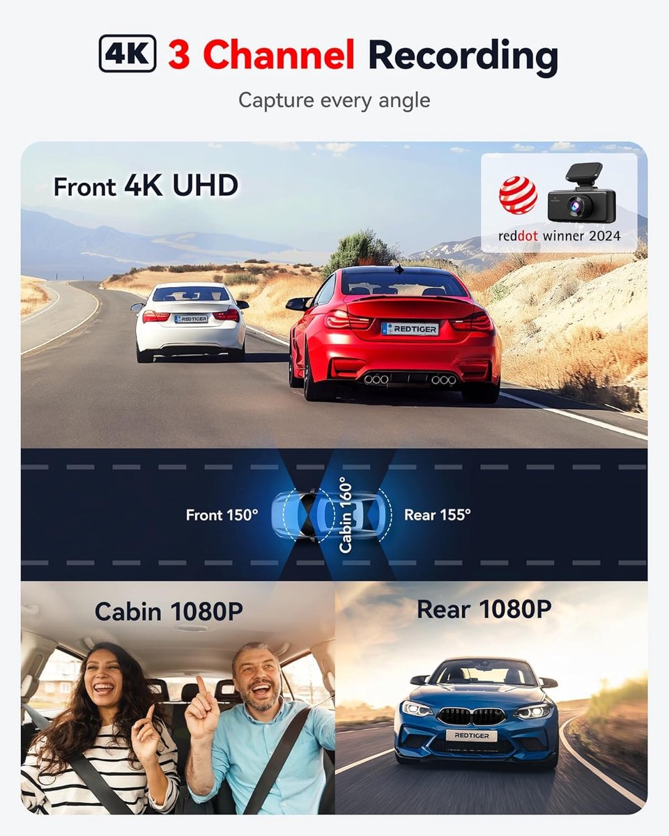 REDTIGER F17 3-kanaals dashcam - 4K+1080P+1080P resolutie - 5GHz wifi - 3 inch touchscreen - met 64GB geheugenkaart & IR-nachtzicht thumbnail 3
