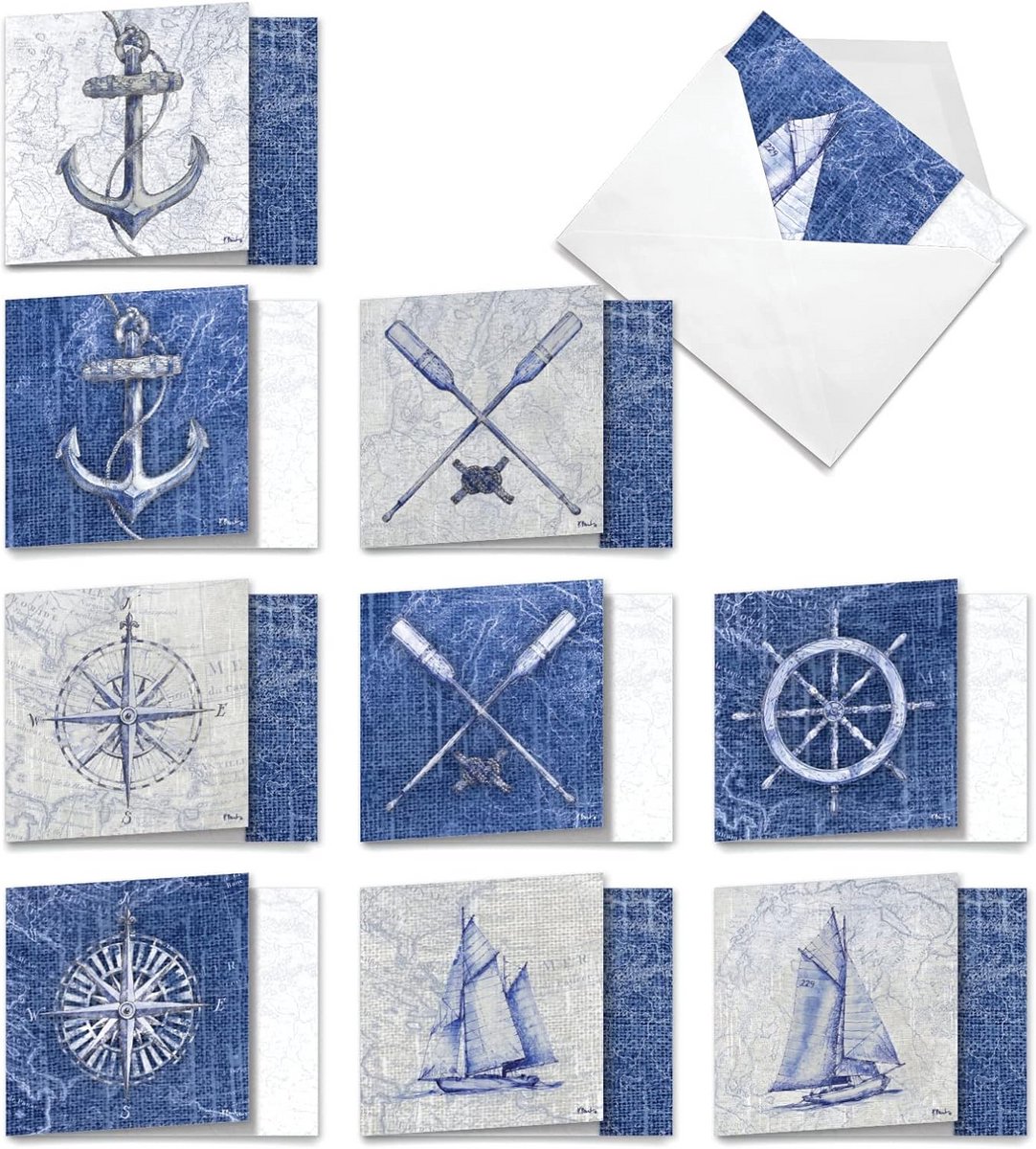 10 Klassieke Bedankkaarten met Enveloppen - Nautisch Thema Zeilboot en Anker - Inpakformat 10x13,3 cm