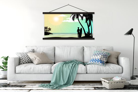 Posterhanger incl. Poster 120x60 cm - Schoolplaat - Strand - Surfen - Zon - Zomer - Textielposter - Zwarte latten