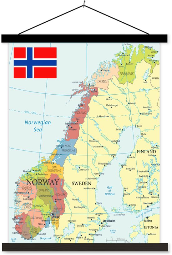 Affiche scolaire - Carte colorée de la Norvège et le drapeau - 120x160 cm - Lattes noires