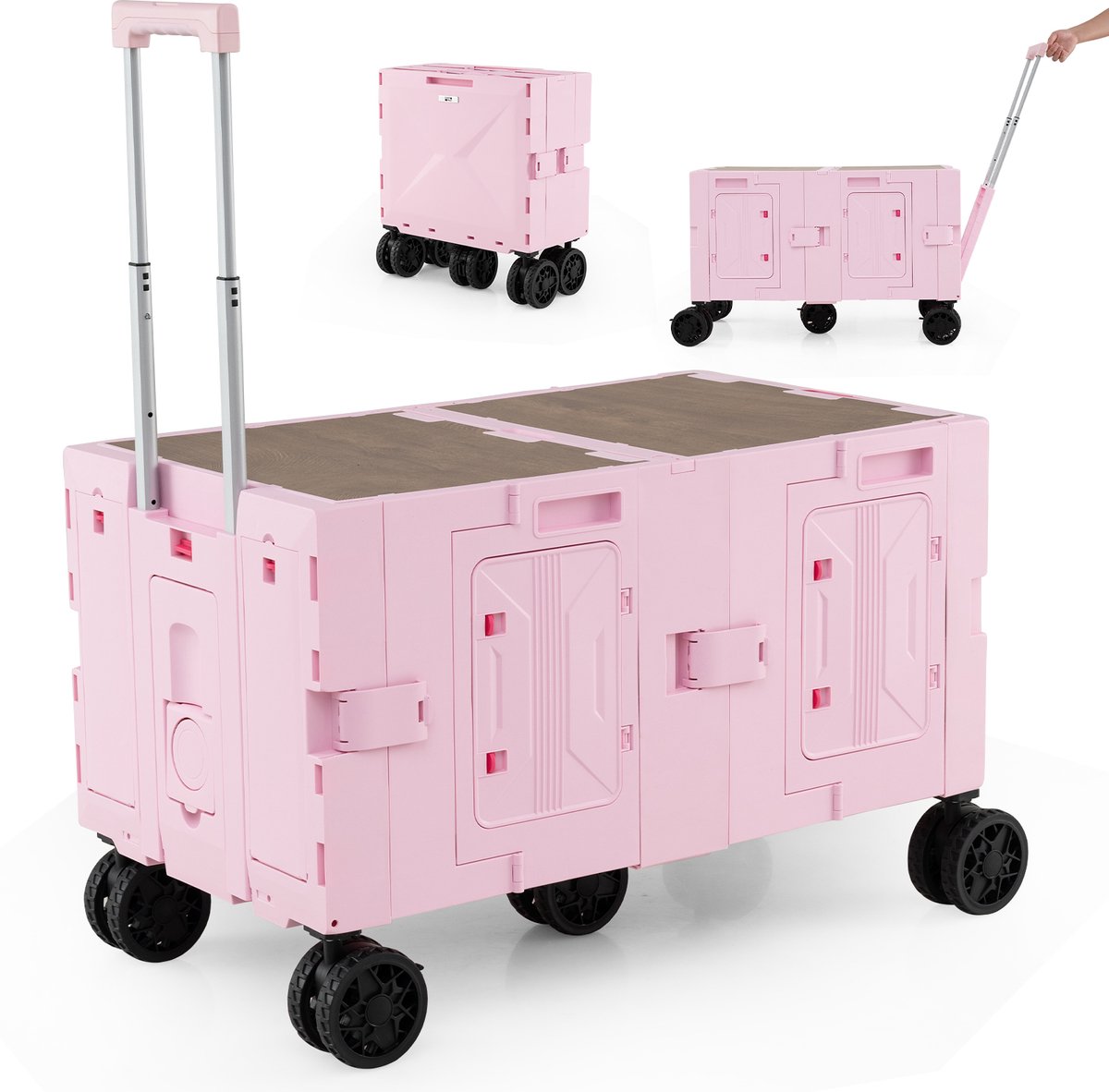 COSTWAY Bolderkar, opvouwbaar, handwagen met tafelblad, 2 opbergkisten, verstelbare handgreep en bekerhouders, 150 l, tuinwagen tot 60 kg belastbaar, transportwagen voor camping (roze)