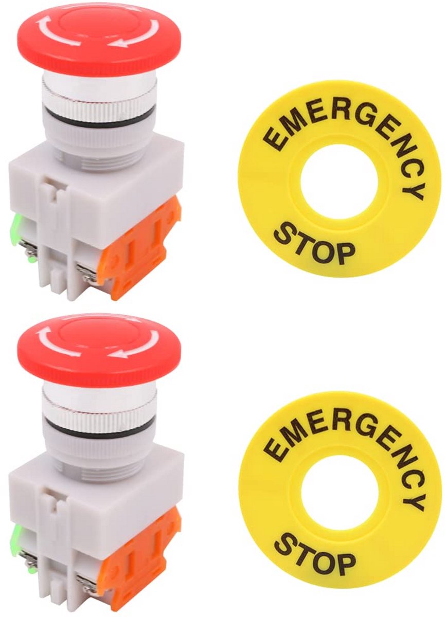 2x Noodstop Drukknoppen Roterend 1NO 1NC met Noodstop Bord - Schroefbevestiging 22mm