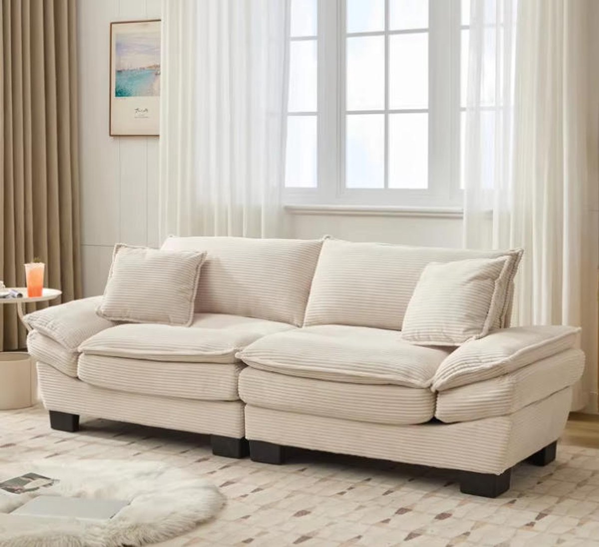 Zubaliya 2-Zits Bank Velvet Beige - Moderne Loveseat met Extra Diepe Zitting en Sierkussens - Comfortabele Woonkamerbank voor Woonkamer, Slaapkamer en Kantoor - 224 cm