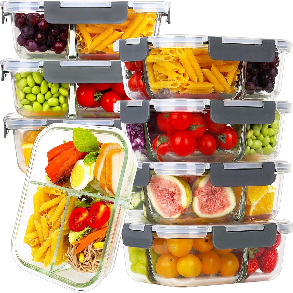 8 Stuks Glazen Maaltijdbereidingscontainers met 3 Compartimenten - BPA-vrij en Lekvrij