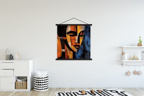 Posterhanger incl. Poster 90x90 cm - Schoolplaat - Abstract - Portret - Kleurvakken - Textielposter - Zwarte latten