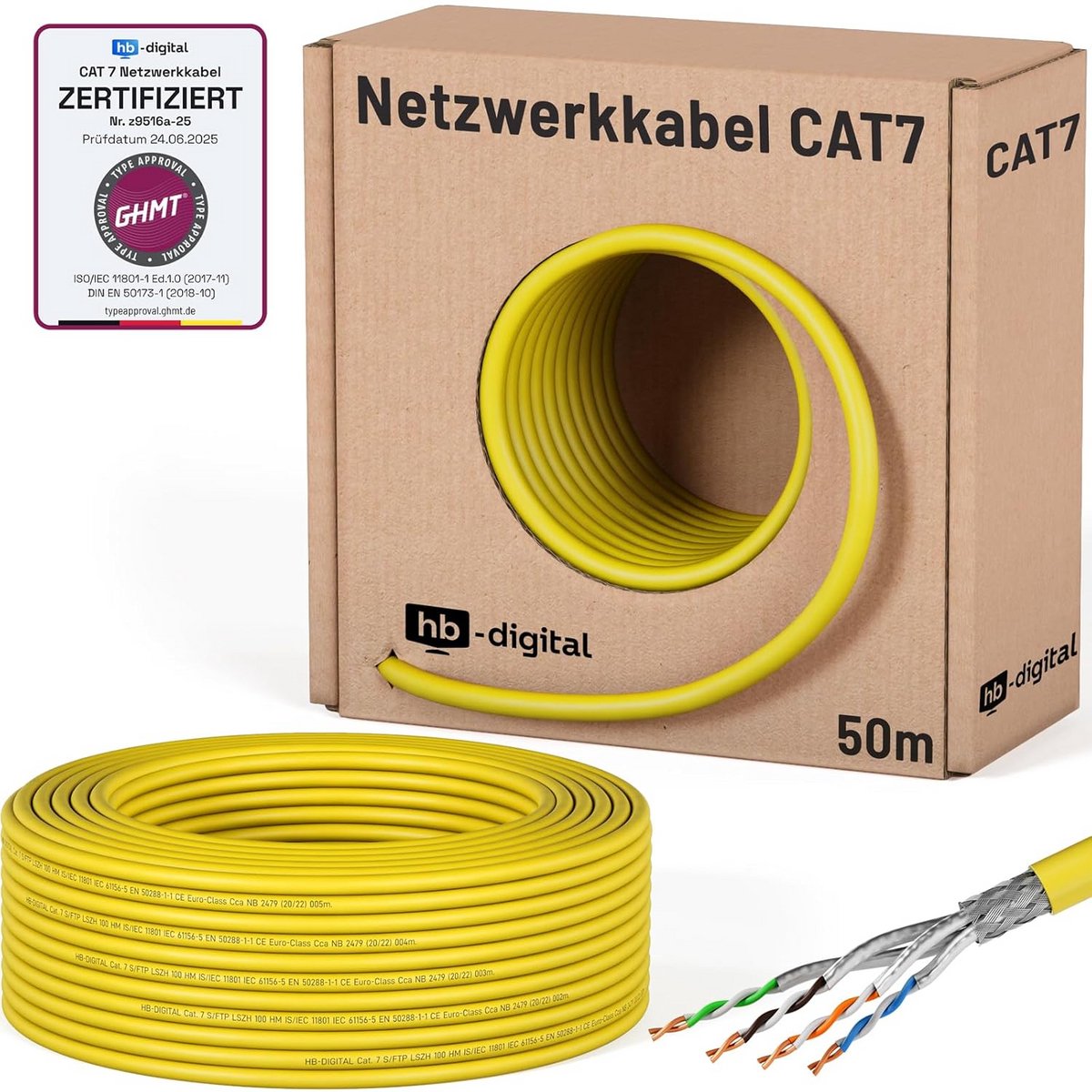 50m CAT.7 Installatie Netwerkkabel S/FTP 10 Gbit/s Geel AWG23 Puur Koper LSZH