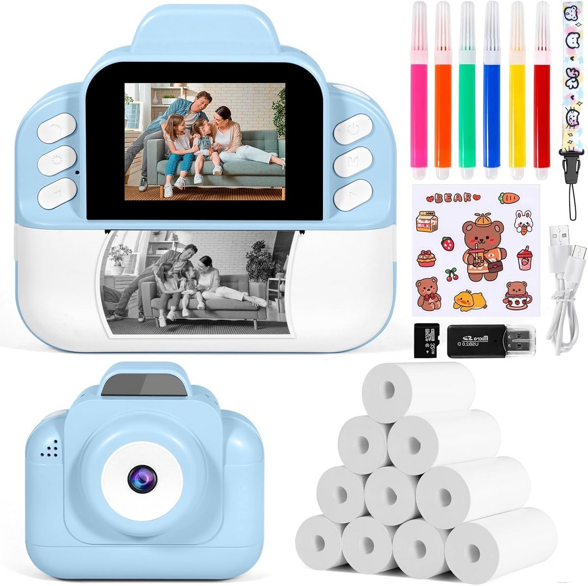 Instant Camera voor Kinderen met Printer - 48MP Foto & 1080P Video - Inclusief 32GB Kaart en Kleurpotloden