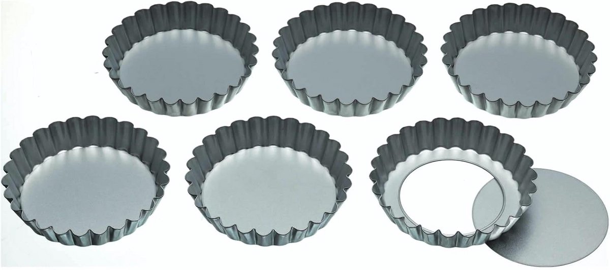 Set van 6 Aluminium Bapvormen met Losse Bodem - 10 cm - Geribbelde Rand
